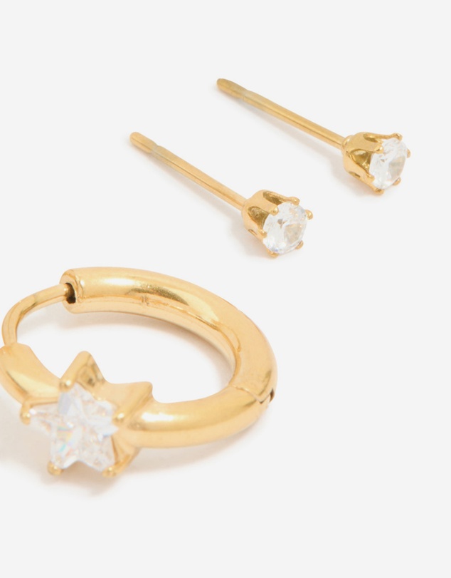 Lovisa - Waterproof Gold Plated Stainless Steel Cubic Zirconia Huggie & Stud Earrings 3-Pack