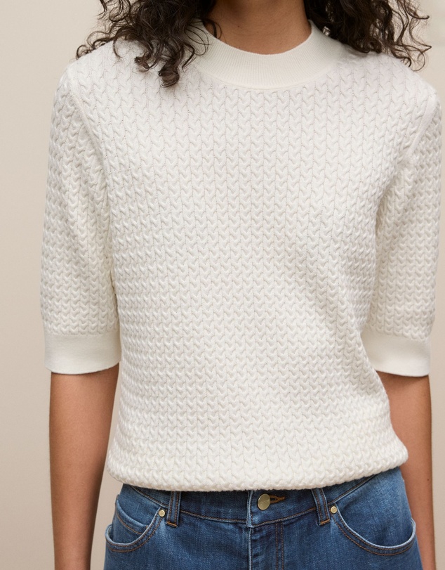 Trenery - Cotton Cashmere Cable Mock Neck Knit in Ivory