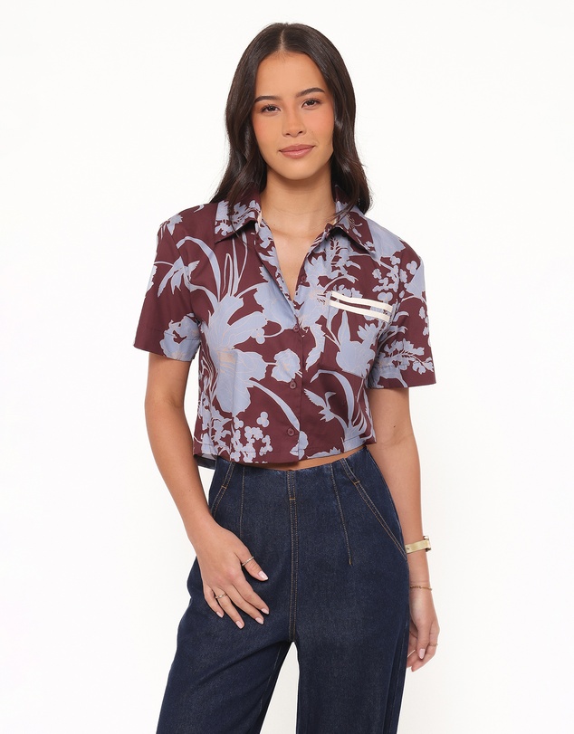Petal & Pup - Aine Cropped Short Sleeve Shirt - Burgundy Floral