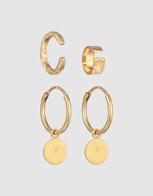 Elli Jewelry - Hammered Disc Earring and Ear Cuff Set in Gold-Plated 925 Silver