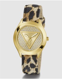 GUESS - Gold-Tone 34mm Champagne Dial with Crystals and Animal Print Leather Strap