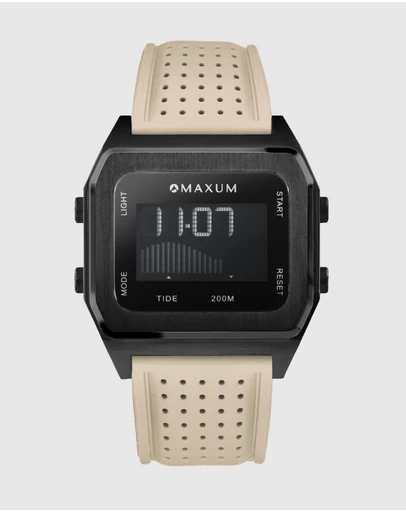 Maxum - Raglan Tide Watch – Black Case, Black Dial & Beige Silicone Strap