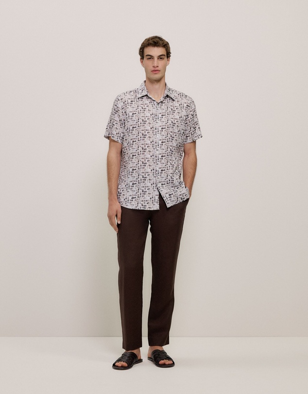Trenery - Rift Regular Fit Linen Short Sleeve Shirt in Stone