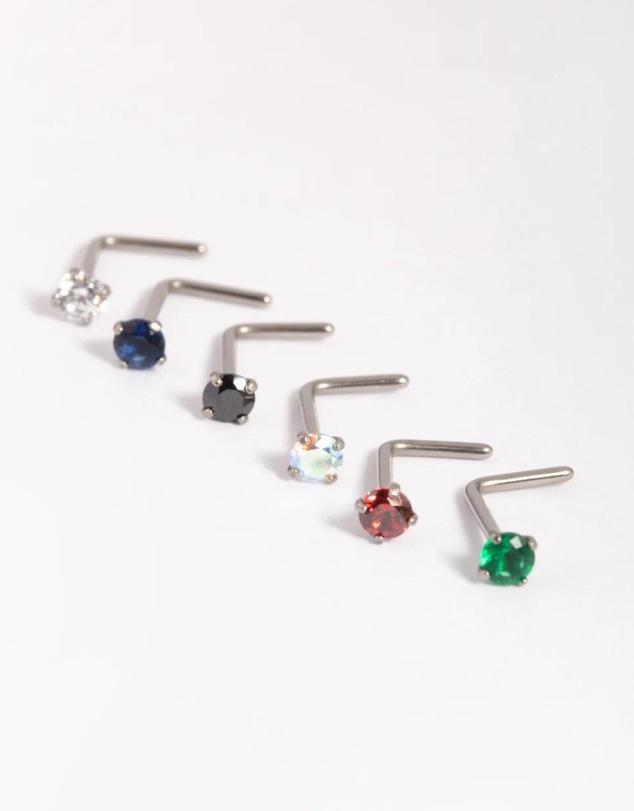 Lovisa - Titanium Mixed Stone Nose Stud 6-Pack
