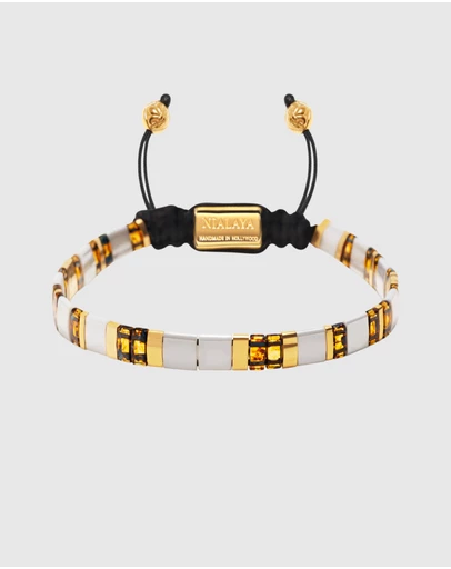 Nialaya Jewellery - Men's Bracelet With White, Marbled Amber And Gold Miyuki Tila Beads