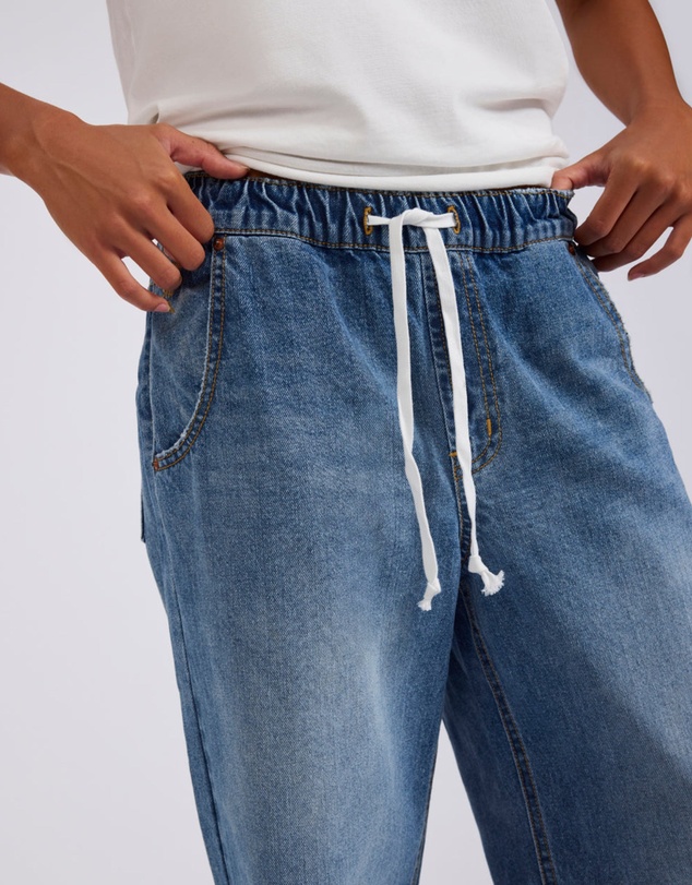 ONE TEASPOON - Roadhouse Mid Waist Wide Leg Drawstring Denim Jean - Hoodlum Blue