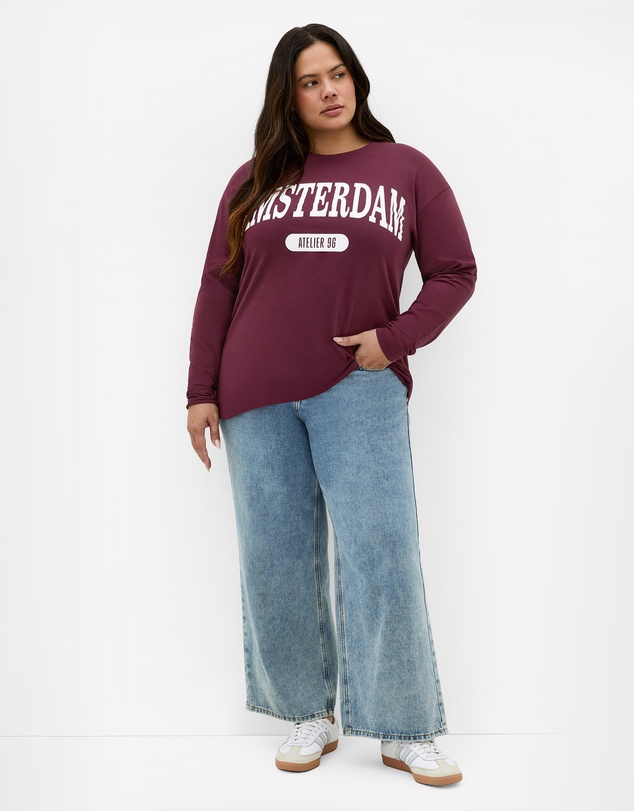 City Chic - Plus size Oversized Amsterdam Long Sleeve Cotton Tee - dark cherry