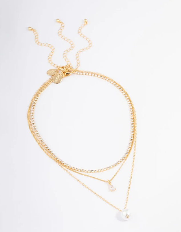 Lovisa - Gold Plated Cup Chain Diamante & Freshwater Pearl Layered Necklace