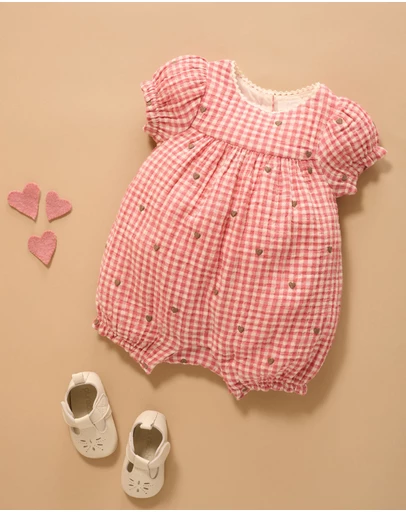 Purebaby - Heart Gingham Embroidered Romper -Kids-Babies