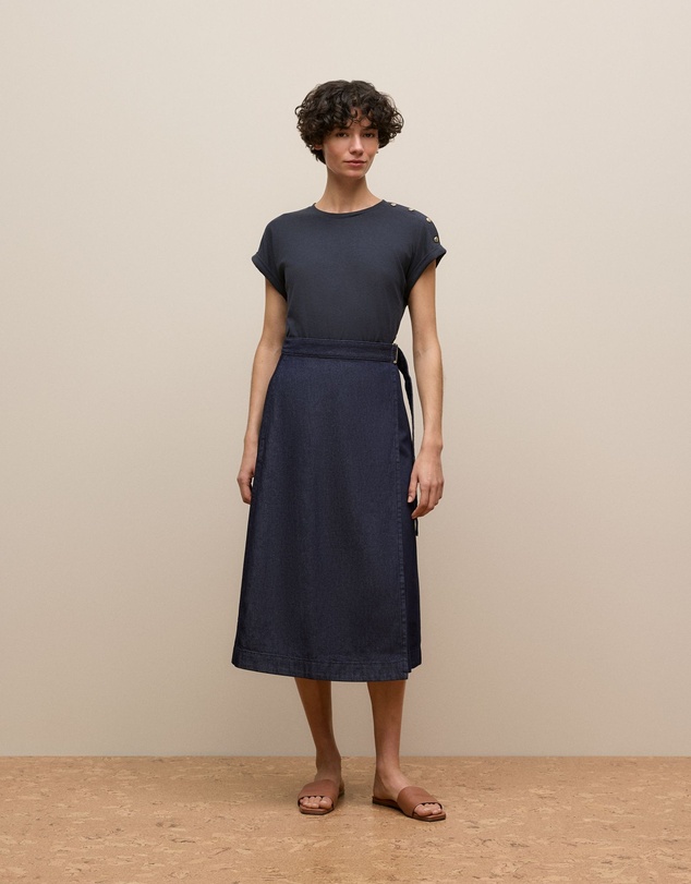 Trenery - Linen Cotton Button Detail T-shirt in Night Sky