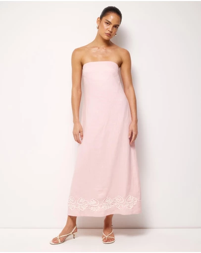 AERE - Quinn Embroidered Linen Midi Dress