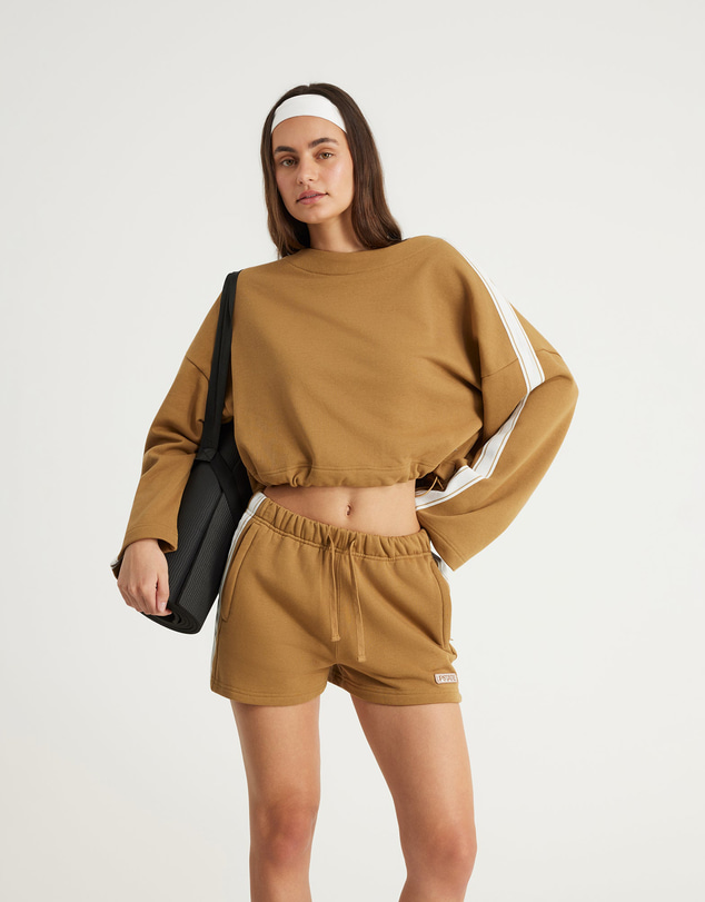 Upstate - Terry Boxy Crop Long Sleeve Top - Toffee