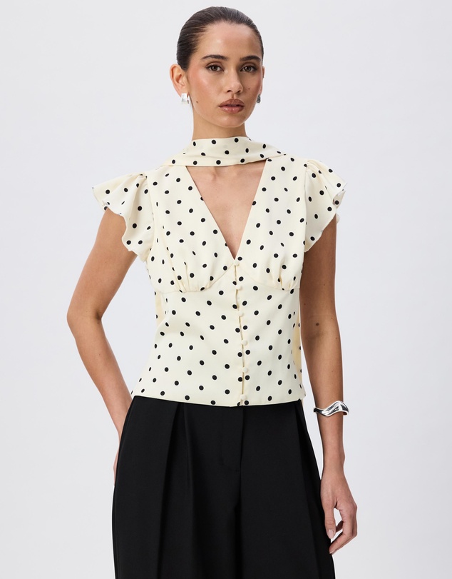 Tussah - Athena Polka Dot Satin Flutter Sleeve Blouse With Neck Scarf