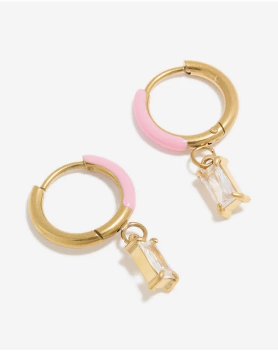 Lovisa - Waterproof Gold Plated Stainless Steel Pink Enamel Cubic Zirconia Charm Huggie Earrings