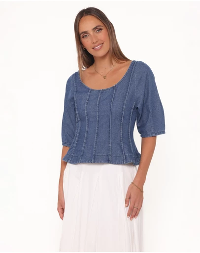Petal & Pup - Saylor Denim Peplum Top - Blue Medium Wash