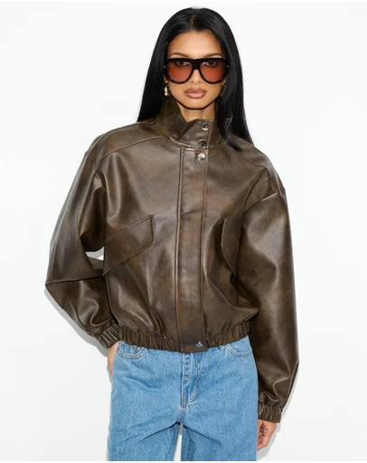 Dazie - Benson Funnel Neck PU Bomber Jacket