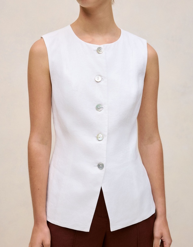 Trenery - Linen Collarless Button Through Vest in White