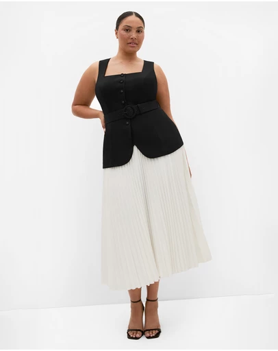 City Chic - Plus size Chiara Vest Pleat Dress - black ivory