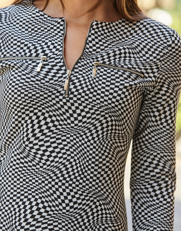 Sosandar - Geometric Print Jacquard Shift Jersey Dress With Zip Detail