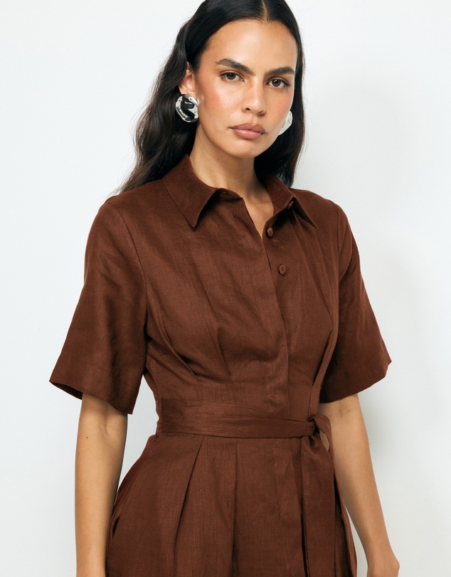 Revibe - Repaired AERE Orien Tuck Waist Linen Shirt Dress - AU 6