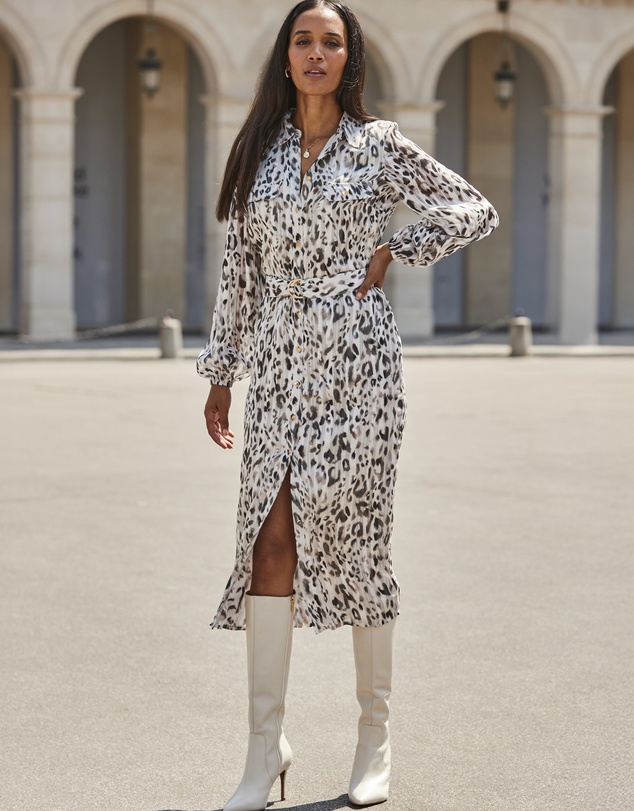 Sosandar - Grey Leopard Print Belted Shirt Dress