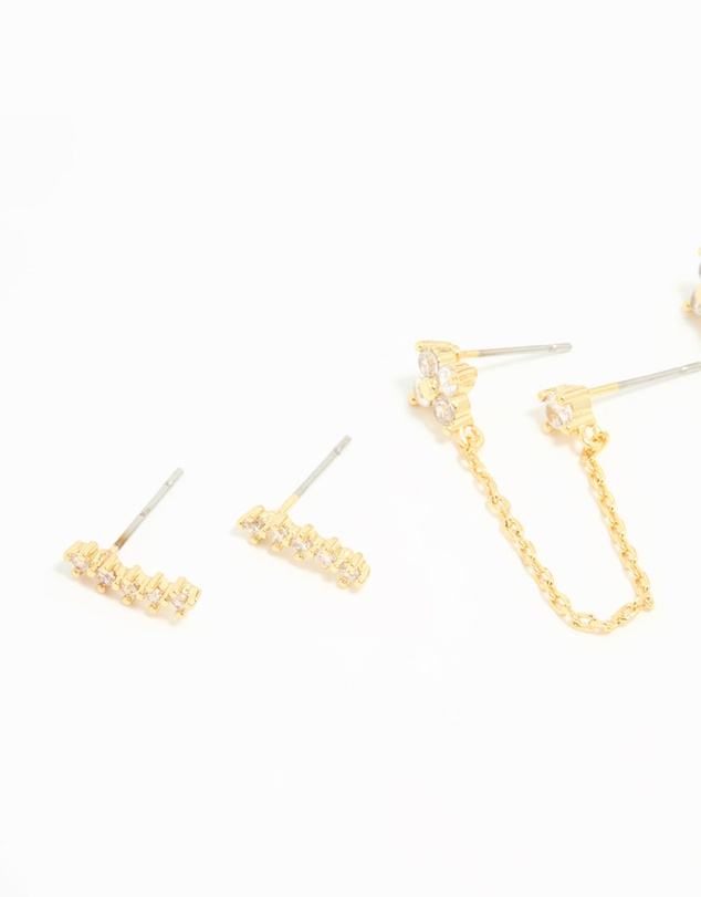 Lovisa - Gold Plated Brass Cubic Zirconia Chain & Stud Earrings 3-Pack