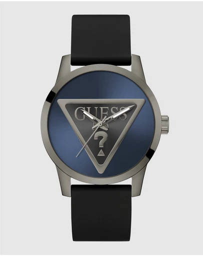 GUESS - Guess Triangle Men's 44mm Blue Dial Gunmetal Case and Black Leather Strap
