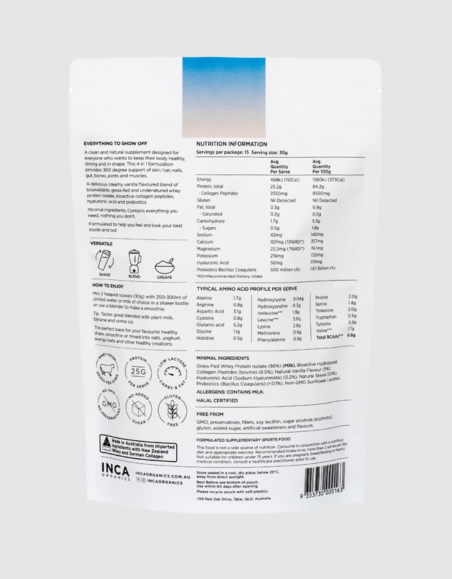 Inca Organics - Skin Body Gut Collagen Whey Protein + Hyaluronic Acid + Probiotics (Creamy Vanilla)