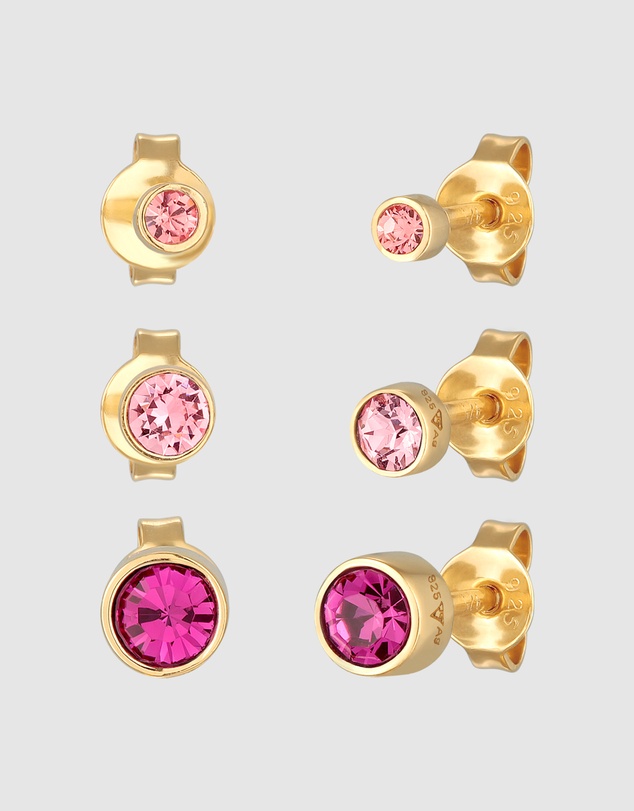 Elli Jewelry - Earrings Set Stud Crystals Pink in 925 Sterling Silver Gold Plated