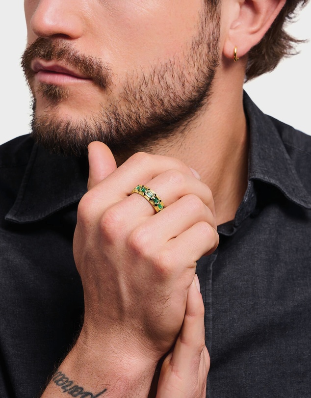 THOMAS SABO - Wide Gold Plated Crocodile Ring with Green Stones