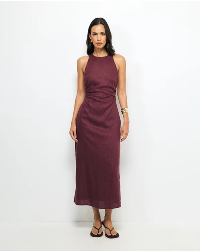 AERE - Elow Ruched Linen Midi Dress