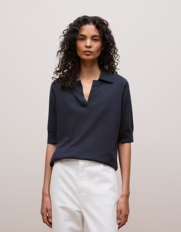 Trenery - Cotton Cashmere Half Sleeve Polo in Night Sky