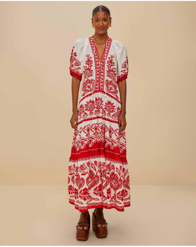 red boho dress australia Hand Block Printed Cotton Maxi Dress: Red Floral Boho Ibiza Style