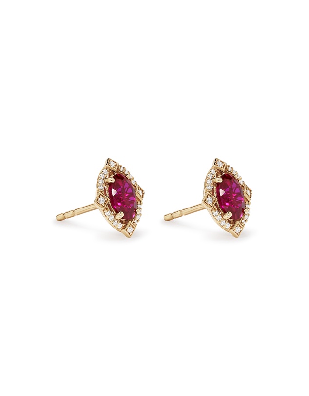 Michael Hill - Oval Cut Created Ruby and Diamond Halo Stud Earrings in 10kt Yellow Gold