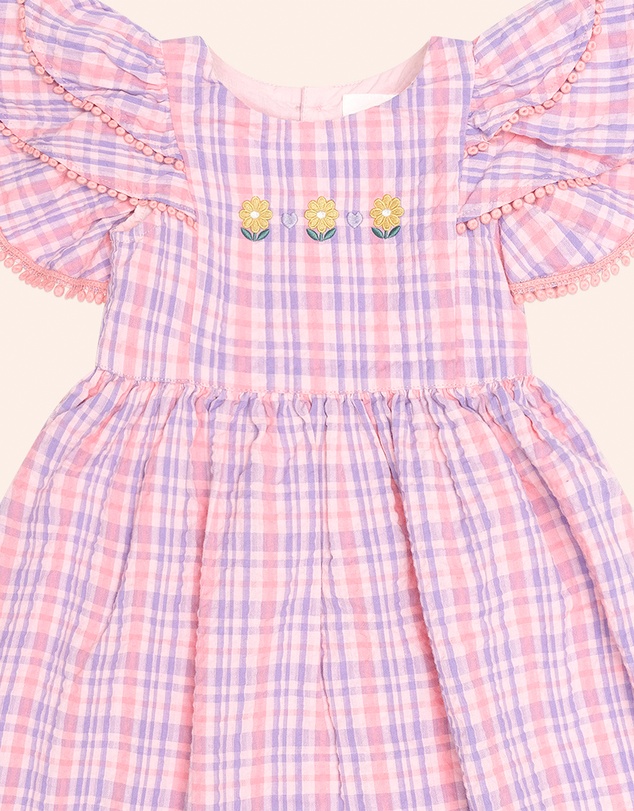 Huxbaby - Floral Emb Tropical Check Dress