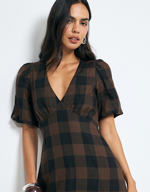 AERE - Inka Linen Gingham Puff Sleeve Midi Dress