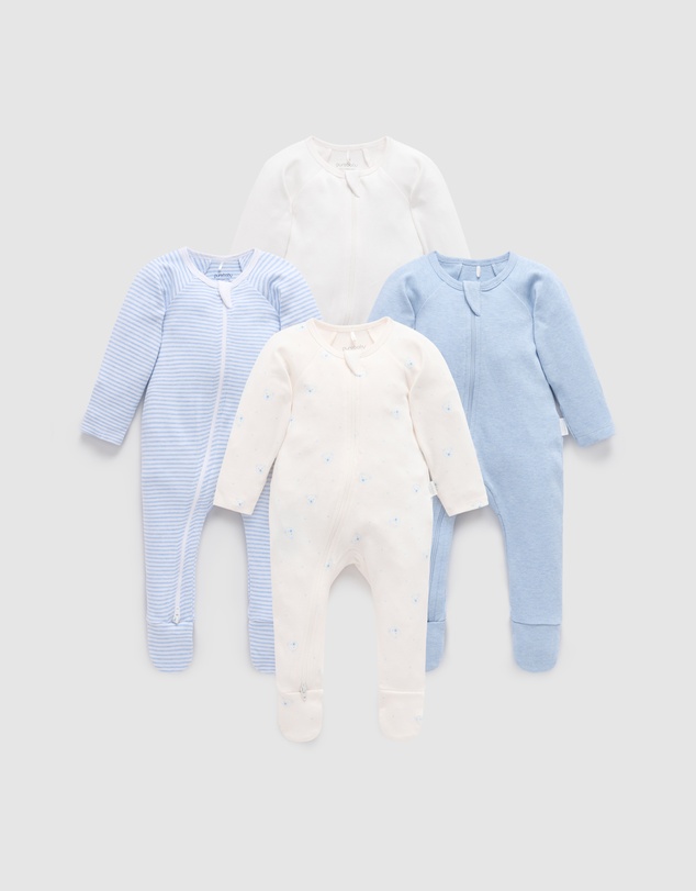 Purebaby - 4 Pack Zip Growsuit -Babies