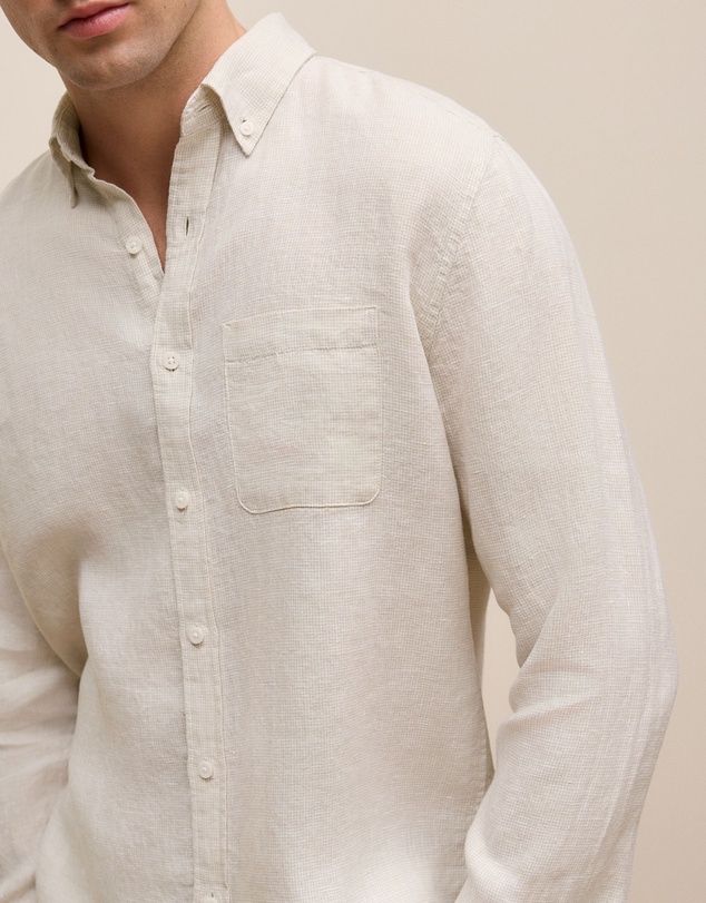 Trenery - Regular Fit Linen Micro Check Long Sleeve Shirt in Stone