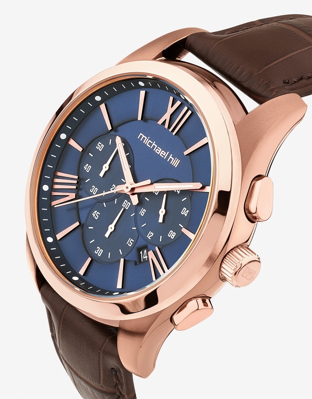 Michael Hill - Men's Chronograph Watch in Brown Tone Stainless Steel and Brown Leather