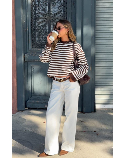 Beginning Boutique - So Breezy Chocolate Stripe Long Sleeve Top