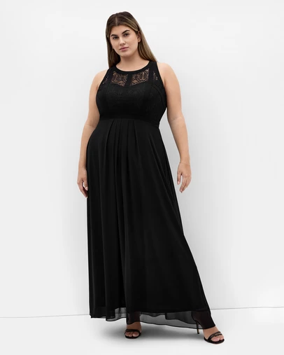 City Chic - Plus size Lace Panelled Bodice Maxi Dress - black