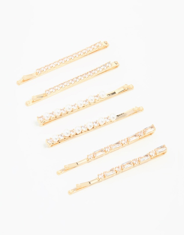 Lovisa - Gold Cubic Zirconia & Pearl Hair Clips 6-Pack