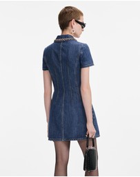 Self Portrait - Denim Crystal Trim Collared Mini Dress