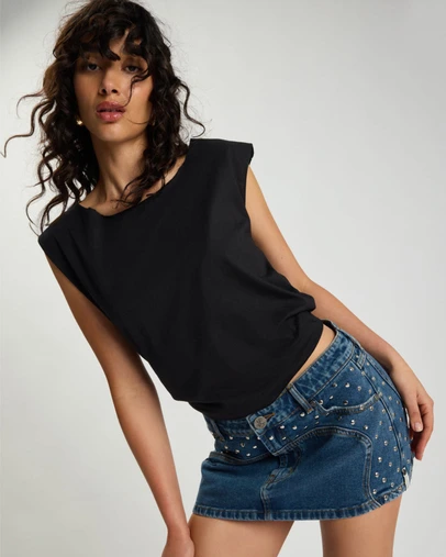 ONE TEASPOON - Chrome Edge Low Waist Studded Mini Denim Skirt - Eclipse Blue