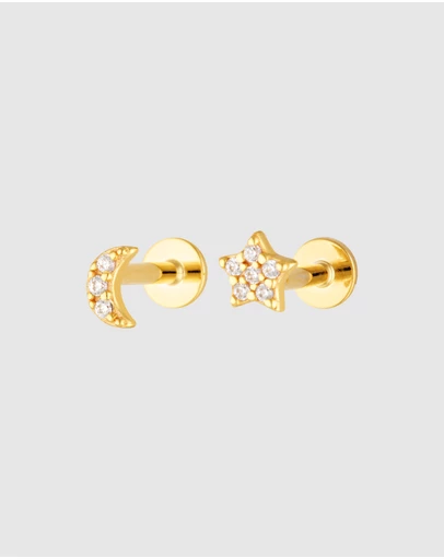 HOUSE OF SLANI - Moon & Star Crystal Studs Flat Back Piercing