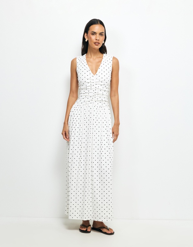 AERE - Lottie Spot Ruched Midi Dress