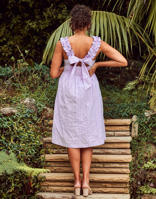 Angel Maternity - Natalie Maternity Ruffled Neckline Eyelet Dress in Lilac