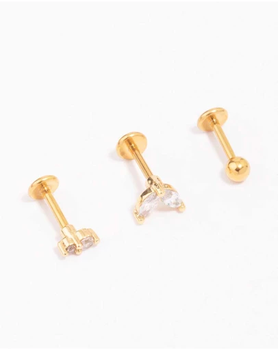 Lovisa - Gold Plated Surgical Steel Cubic Zirconia Double Marquise Flat Back 3-Pack