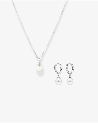 Michael Hill - Cultured Freshwater Pearl Drop Huggie Hoop Earrings and Pendant Necklace Set in Sterling Silver
