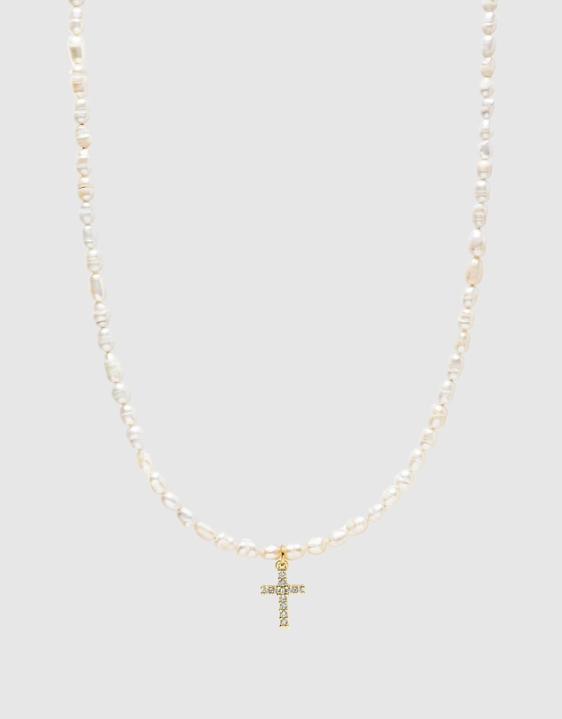 Nialaya Jewellery - Men's Mini Pearl Choker with Cross
